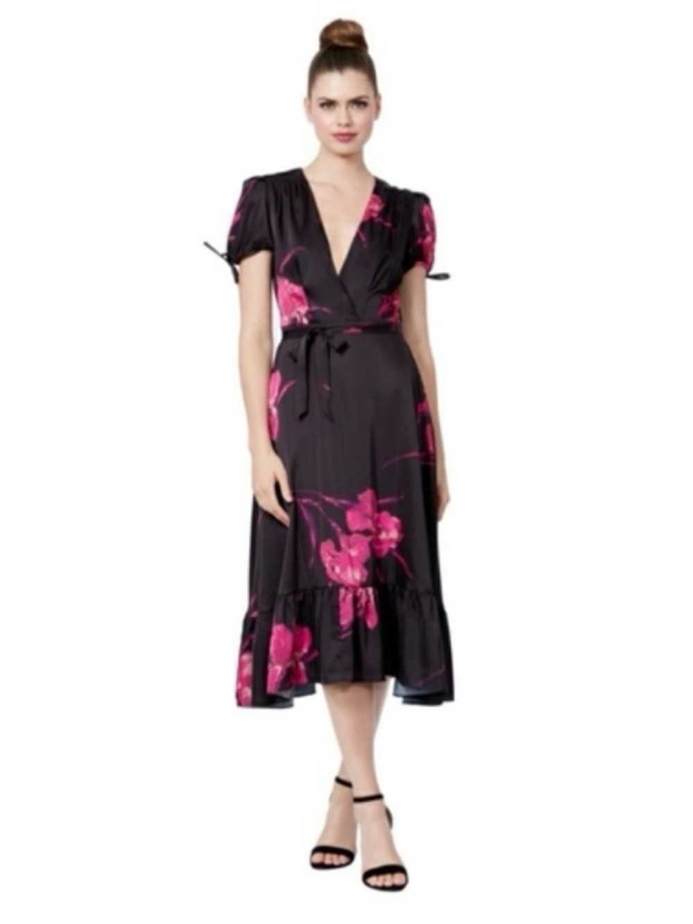 Betsey Johnson Black Midi Dress with Hot Pink Floral Accents